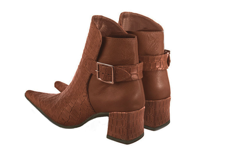 Women's cognac back-buckle ankle boots with pointed toe and mid block heel - Rear view